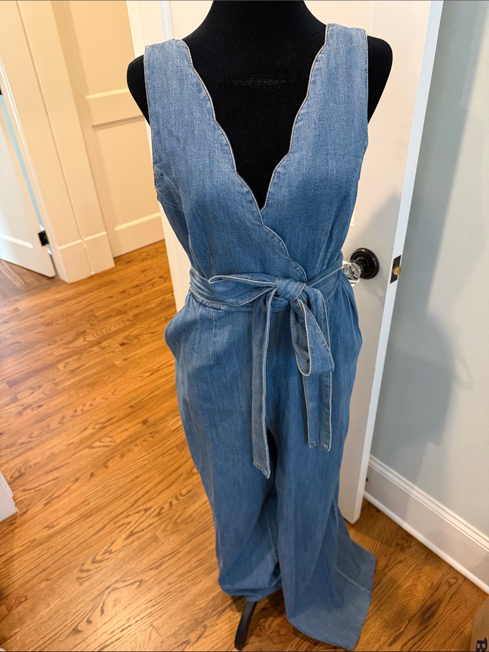 Anthropologie Pilcro Light Blue Denim Scallop V-Neck Tie-Waist Wide Leg Jumpsuit